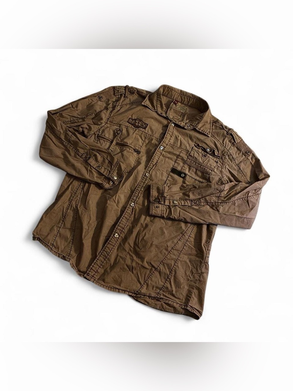Brown light weight cargo button up shirt with cool details and pockets